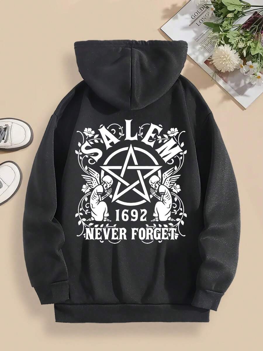 Plus Size Casual Hooded Sweatshirt with Salem 1692 Witch Trials Print - Long Sleeve Polyester Pullover with Front Pocket and Slight Stretch - Oversized FallWinter Knit Fabric Hoodie with Angel and Alphabet Motif - Negro - Ver 1
