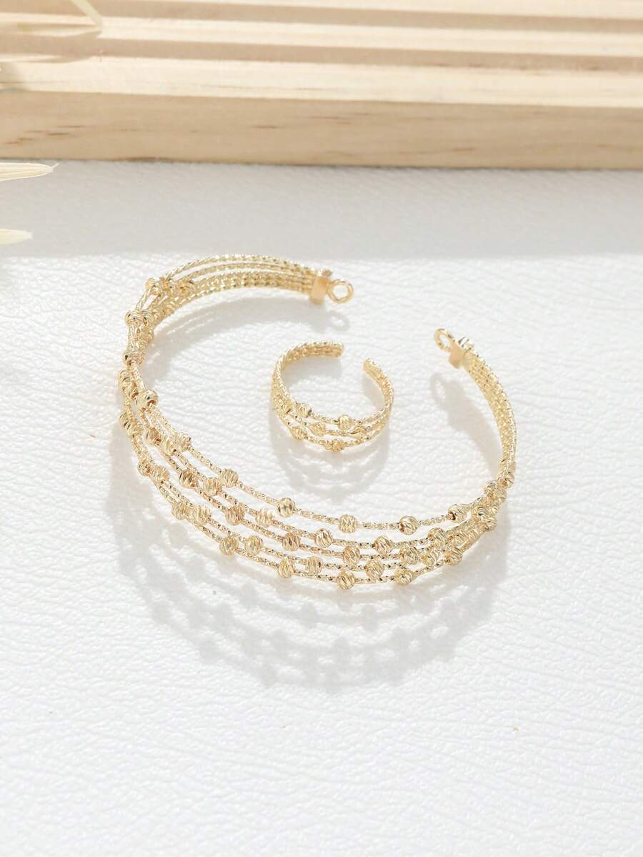 2 件/套时尚铜金属球弹性开口环手镯，镂空波西米亚风格女士珠宝 - 銀色 - 查看 1