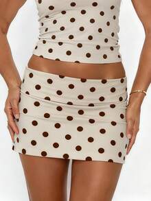 Women Fold Over Low Rise Bodycon Mini Skirt Y2k Polka Dots Print Slim Fitted Going Out Micro Skirts Stretchy Tube Pencil Mini Skirts Party Clubwear - 卡其色 - 查看 3