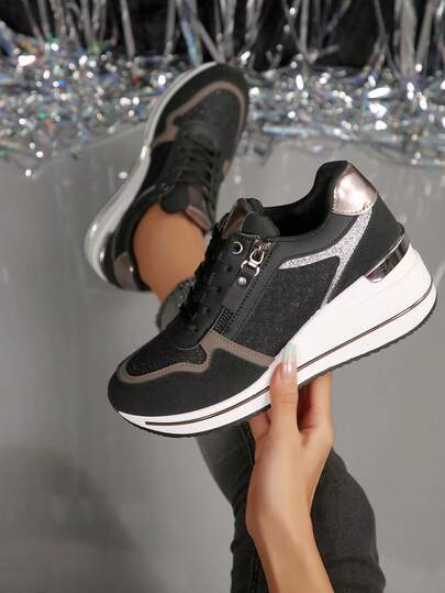 舒适防滑女士厚底运动鞋，轻便休闲侧拉链设计，简约白色鞋款，夏季PU网布纯色步行鞋