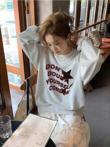 女式休闲圆领复古印花宽松长袖运动衫上衣，秋冬 - 淺花灰 - 查看 9