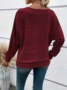 Suéter holgado de cuello redondo y manga de murciélago de unicolor para mujer de talla grande - Rojo - Ver 2
