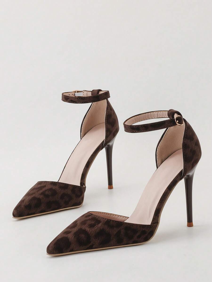 时尚简约超高跟尖头镂空绑带细高跟凉鞋，优雅女士高跟鞋 - 棕色 - 查看 1