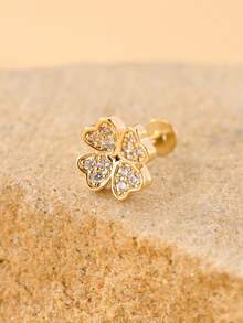 Brinco de pressão minimalista e moderno com zircônia cúbica em formato de trevo de quatro folhas, feito em aço inoxidável 316L e liga de cobre. Possui 1,2 mm de espessura e 6 mm de comprimento. - Trevo de quatro folhas Micro-diamante-Ouro liso - Ver 3