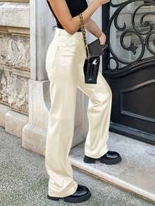 MYOURSA Women's High Waist Faux Straight Leg PU Leather Pants With Pockets - Apricot - View 2