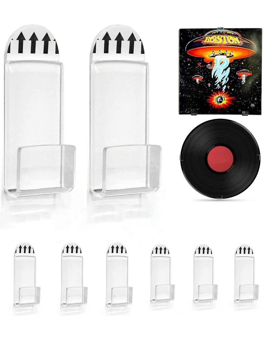 6pcs Acrylic Vinyl Record Holder, No Drilling Self Adhesive Clear Cd Wall Display Stand, For Album Covers Display And Home Wall Decoration. - Clear - View 1