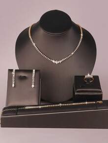 5件套奢华水钻几何项链、耳环、手链、戒指首饰套装，优雅时尚，适合婚礼、派对、日常通勤等场合。 - 金色 - 查看 3