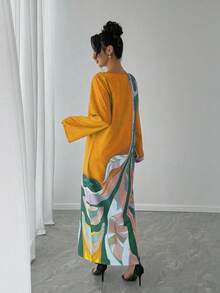 女士全印花橙色撞色圆领长喇叭袖睡袍，秋冬度假奢华服饰 - 橘色 - 查看 3