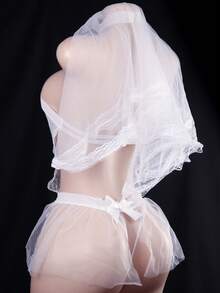 Bridal Sheer Lingerie Set - White Lace Stockings, No-Remove Tie Panties & Veil For Honeymoon Nights - 白色 - 查看 4