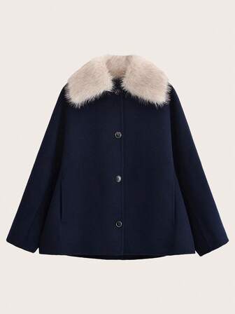 Solid Color Detachable Fur Collar Overcoat, Autumn/Winter