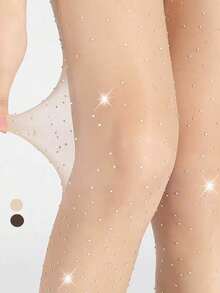 1 Stück Damen transparente glänzende Strumpfhose mit Sternrhinestone-Verzierungen, beige & kaffee, körperbetont, Frühling/Sommer