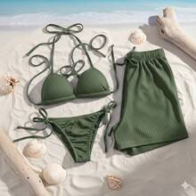3-Piece Ribbed Beachwear Set: Complete Bikini (Top/Bottom) + Loose Shorts | Beach Cover-Up - xanh quân đội - Xem 1