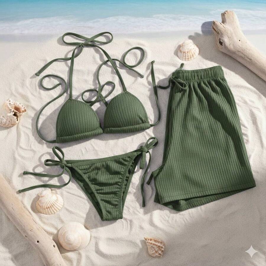 3-Piece Ribbed Beachwear Set: Complete Bikini (Top/Bottom) + Loose Shorts | Beach Cover-Up - xanh quân đội - Xem 1