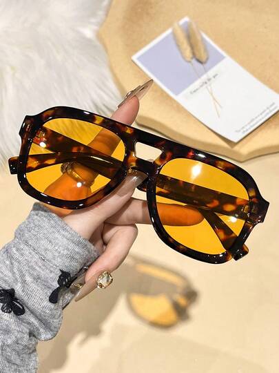 1pc European & American Ins Style Double Bridge Retro Glasses Square Oversized For Women, Suitable For Summer Beach, Bonfire Party, Gift, Vintage Street Style, Driving, Outdoor Travel, Party, Stage Performance, Beach Accessory, Back To School Season, Holiday Accessory