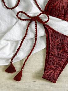 Bikinx 女士波西米亚风树叶印花网纱露背钩编系带棕色比基尼套装，高弹力侧系带泳衣 - 紅木色 - 查看 5