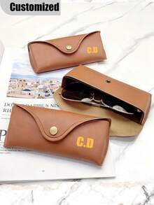 Personalized Name/Initial Brown PU Leather Classic Retro Elegant Eyeglass Case, Portable Glasses Storage Box, Unisex Student Eyewear Accessory - Multicolor - View 3