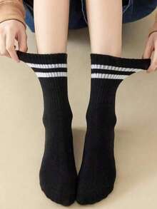 3pairs Black/White/Grey Solid Colored Double Stripe Unisex Mid-Calf Socks For Outdoor Activities Mid-Calf Casual Socks Unisex Winter Socks Thick Socks High Socks