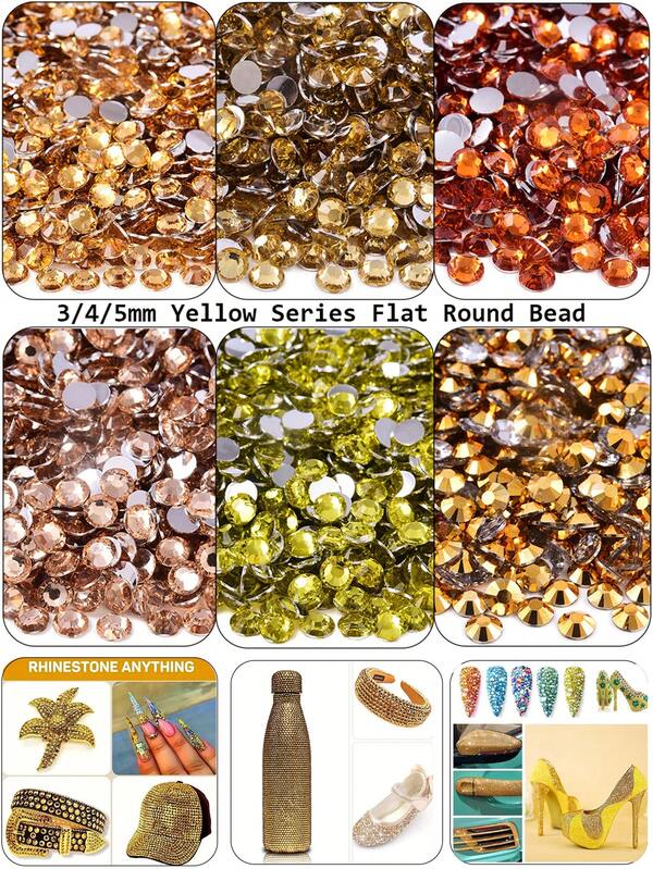 1,112pcs 3/4/5mm Yellow Tone Flat Back Round Rhinestones, For Jewelry Making, Nail Art, Face Gems, DIY Crafts, Cups, Clothing, Manicure, Shoes Decoration