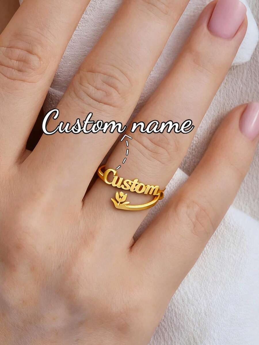 Anillo con nombre personalizado, joyería personalizada, anillo ajustable de acero inoxidable dorado/plateado, regalo de pareja - Anillo de oro modelo 9 - Ver 1