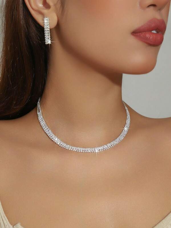 1 Set Fashion Jewelry Set For Women, Zirconia + New Cubic Zirconia Necklace, Earrings, Diamond Accessories Suitable For Daily Wear