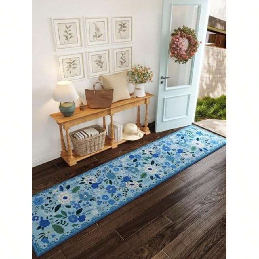 Rugcomf - Alfombra para sala de estar, 6 x 9 pulgadas, lavable a máquina, estilo bohemio, antideslizante, floral, clásico, de pelo bajo, alfombra grande para sala de estar, recámara, granja, comedor,(2'x10' Azul) - Tipo33 - Ver 1