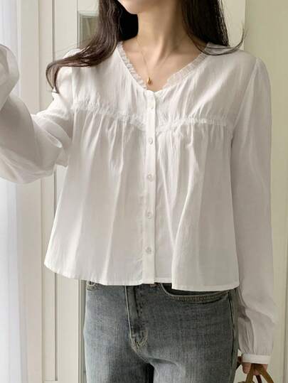 Mesh Patchwork Long Sleeve Ruffle Blouse For Women White