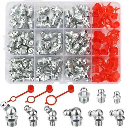 100 Stück Schmiernippel Sortiment, 45°90°Winke Kit Metrische Hydraulik Fettnippel Set Fettpresse für Kappen M6 M8 M10 Kegelschmiernippel