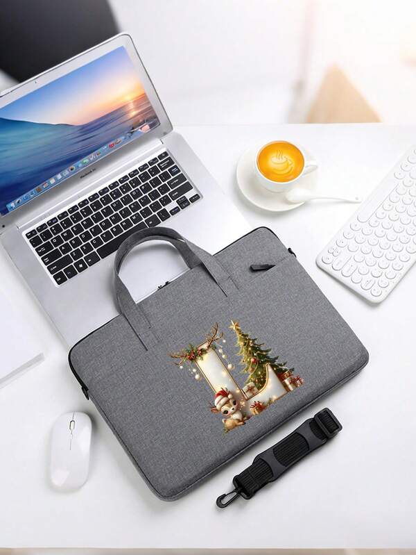 New Christmas Letter Graphic Laptop Bag, Fits 14-Inch Laptop Or Tablet, Fashionable Durable Water-Resistant Fabric Briefcase For Men