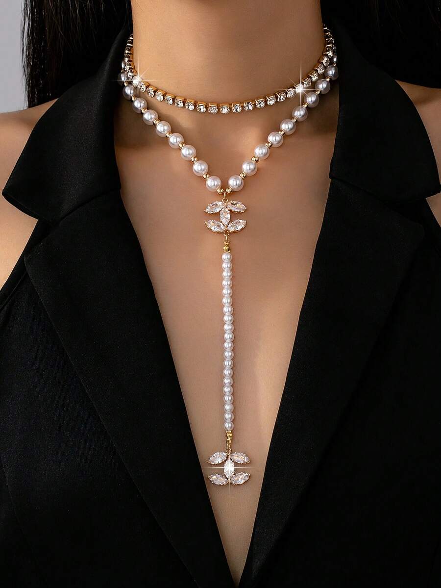 2pcs Set Elegant Crystal & Faux Pearl Layered Necklace, Sparkling Cubic Zirconia CC Pendant Y-Necklace, Fashionable Jewelry Suitable For Daily Wear, Dates, Parties And More