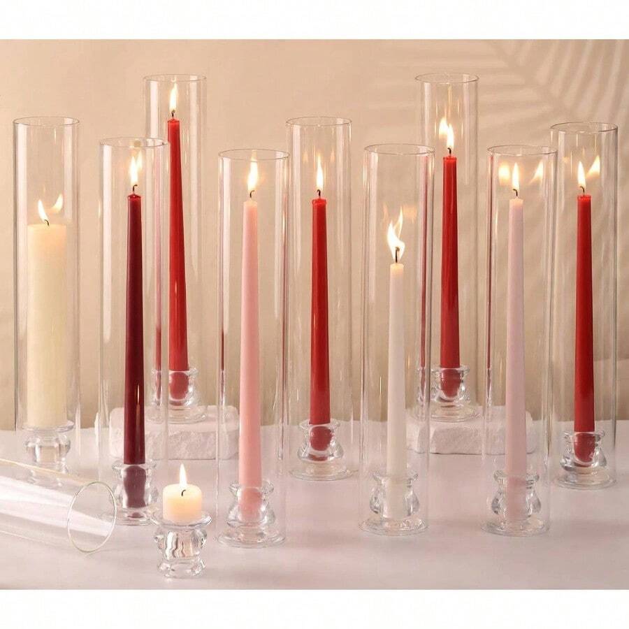Glass Candle Holders - Set Of 6 Candlestick Holders Taper Candles With Windproof Cylinder Covers 14 Tall Glass Chimney Cover Wedding Table Centerpiece Home Decor - 2.5"D-14"H --12pcs+12pcsCandlestick Holder - View 1