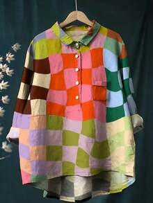 2025 Holiday New Women Loose Casual Checkered Random Color Half-Placket Asymmetric Hem Digital Print Shirt, Spring/Summer - Multicolor - View 1