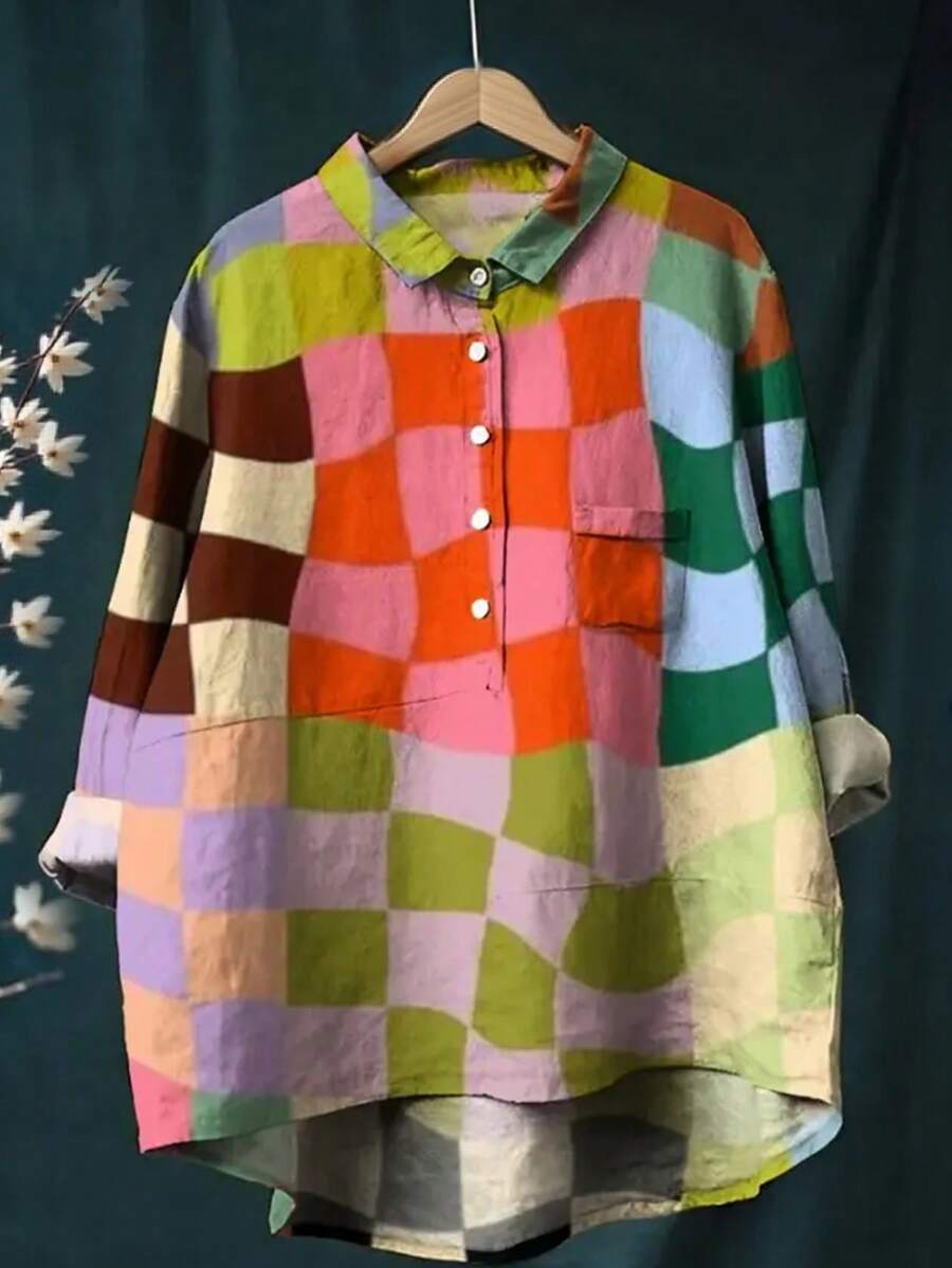 2025 Holiday New Women Loose Casual Checkered Random Color Half-Placket Asymmetric Hem Digital Print Shirt, Spring/Summer - Multicolor - View 1