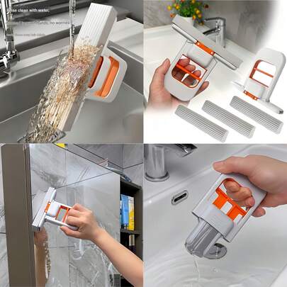 1 拖把 + 3 海绵免冲洗桌面清洁器 - 快速清洁设计，可折叠节省空间的手持系统，适用于家庭、办公室、浴室和厨房紧凑型桌面洗涤器，适合小公寓和宿舍，耐用塑料材质，壁挂式平板拖把，海绵拖把，迷你厨房拖把，办公室维护，易于存放，坚固的结构，家庭组织，宿舍必备