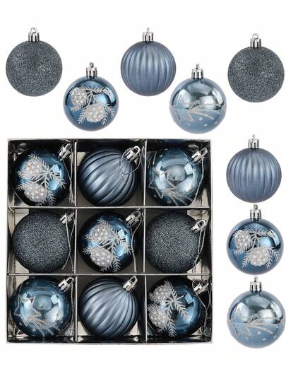 9pcs- Blue Christmas Ornaments Set: Eclectic Classic, Shatterproof Plastic Ballswith Hanging Loops For Christmas,Anniversary, Wedding Festive Home Decorations(6cm/2.4in)