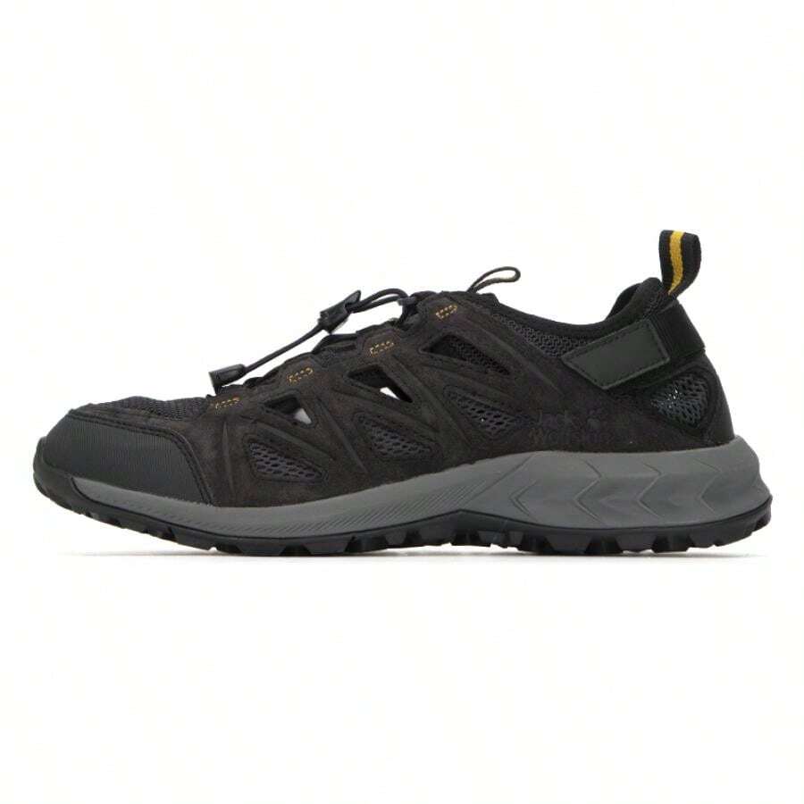 Jack Wolfskin Herren Outdoor Schuhe, Obermaterial aus Stoff, Mittelsohle aus Schaum, Gummilaufsohle, stoßabsorbierende Wanderschuhe, empfehlen eine Nummer kleiner zu bestellen, Dunkelgrau/Leuchtend Gelb 4051301-6357