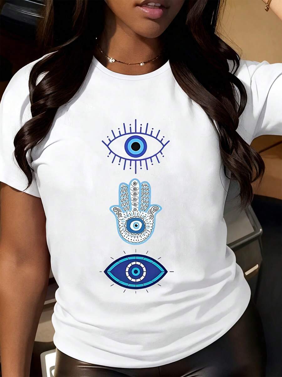 Women's White T-Shirt With Hamsa Hand And Evil Eye Design - Protective Symbolic Graphic Tee For Everyday Wear - 白色 - 查看 1