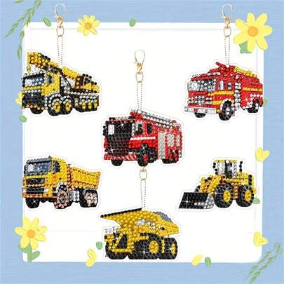 6pcs/Set DIY Fire Truck Diamond Painting Keychain, DIY Mosaic Craft Kit For Beginners, Women Backpack Pendant Decor, Handmade, Home Decor Gift, Holiday Gift!