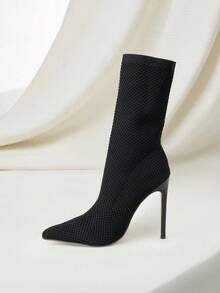 Clariva 秋冬季性感黑色弹力尖头高跟女靴，圣诞礼物 - 黑色 - 查看 2