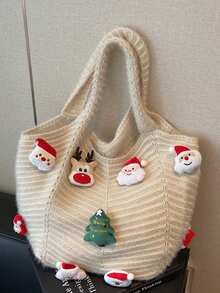 Świąteczna dzianinowa torba na ramię – beżowa, puchata torba z ozdobami Świętego Mikołaja i renifera, duża, swobodna torebka świąteczna dla kobiet - Biały - Zobacz 4