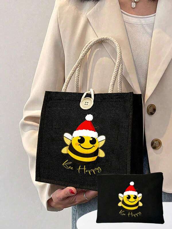 Juego de bolso y bolsas de cosméticos con tema de abeja navideña, incluye un bolso de tela y una monedero, bolsa de compras de lino, bolso multifuncional portátil, bolso de hombro, bolsa de arpillera de gran capacidad y estilo sencillo y duradero, bolsas para almacenar productos de cuidado de la piel, bolsa de maquillaje, bolsa para almacenar productos de belleza, bolsa para guardar cargadores, adecuado para picnics al aire libre, fiestas, viajes y compras, regalo de Navidad