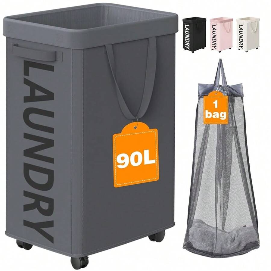 90L Rolling Laundry Basket With Wheels, 29 IN Hamper With Wheels And Removable Mesh Bag, Grey Laundry Baskets On Wheels For Bedroom, Dorm, Clothes Hamper Organizer{Inchcolor_nameinch:InchGreyinch} - 灰色 - 查看 1
