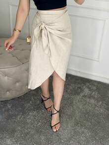 Linen Wrap Midi Skirt With Waist Tie In An Envelope Style And A Back Zipper, Both Formal And Elegant. - Lanh - Xem 2