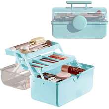 Makeup Storage Organizer, Large Capacity Makeup Organizer With Transparent Visual Cover, Handle 3 Layers Portable Cosmetic Storage Box Easily Organize Your Cosmetics, Jewelry And Hair Accessories{Inchcolor_nameinch:Inch11\InchBlueinch} - 11吋藍色 - 查看 2