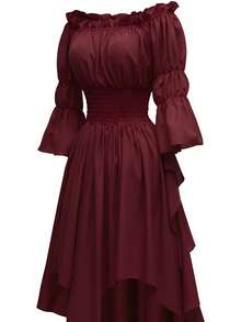 Vestido elegante de estilo medieval para mujer con volantes de unicolor, hombros descubiertos, mangas acampanadas y cintura ceñida - Burdeos - Ver 6