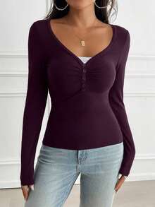 Women's T-Shirt Y2K Fall Clothes Casual Daily Sexy Solid Color Lace Contrasting Color Slim Long Sleeve V-Neck Top - 紫色 - 查看 4