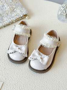 1双女童亮面软底蝴蝶结设计学生平底鞋，公主风演出鞋，春秋季 - 米色 - 查看 3