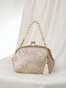 Clariva Women Summer Fashion Handbag, Beaded Embroidery Tassel Flower Print Clutch Purse, Suitable For Evening Party, Wedding, Bridesmaids Gift, Mother's Day Gift Gifts - Beige - View 2