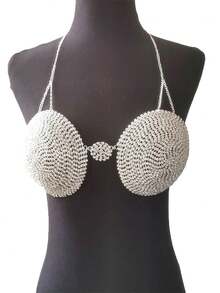 Crystal Crescent Top; Sexy Bikini Bra; Shiny Bodysuit; Evening Gown - Silver - View 7