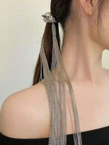 1个优雅中式月亮链金属发夹，个性化马尾辫发圈，高端发髻发夹，日常现代发型配饰，长流苏编织发饰，适合搭配汉服、旗袍，也适合派对、节日、假日等场合，可作礼物。 - 銀色 - 查看 4