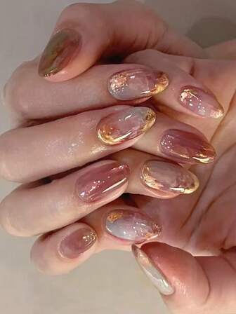 Monina 24pcs Retro Oil Painting Style Almond Shaped Tie Dye Gradient Pink False Nails, Elegant Romantic Fashionable Versatile Flattering Nail Art